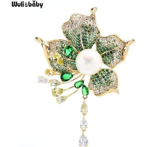 Wuli&baby Luxury Tassel Flower Brooches For Women Designer 2-color Cubic Zirconia Flower Weddings Party Brooch Pin Gifts