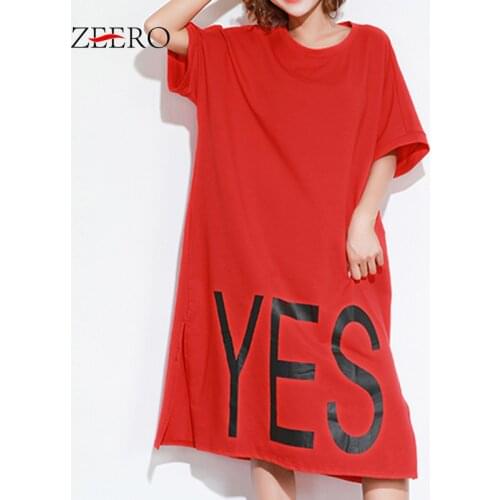 2021 Female Plus Size Clothing Casual Letter Print Side Split Loose Long Tees Dresses for Women Summer Midi Dress Vestido Mujer