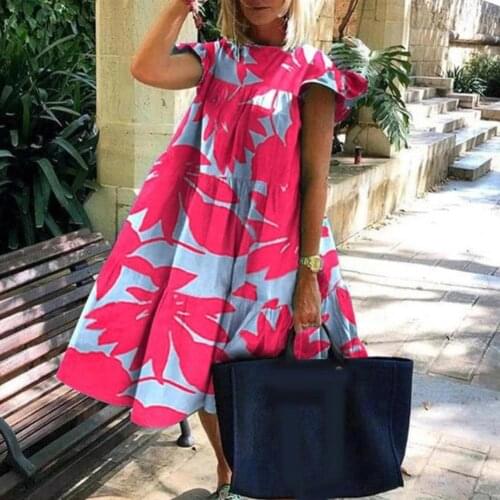 Women Casual A Line Dress Women Casual Summer O Neck Short Sleeve Floral Print Large Hem A Line Dress Summer Solid Midi Dress