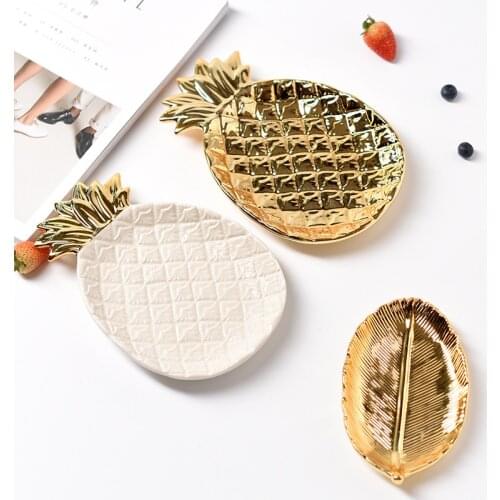 Gold Pineapple Leaf Ceramic Charger Plate 1pc Dish Ceramica Candy Disc Jewelry Storage Tray Crockery Tableware Party Decoration