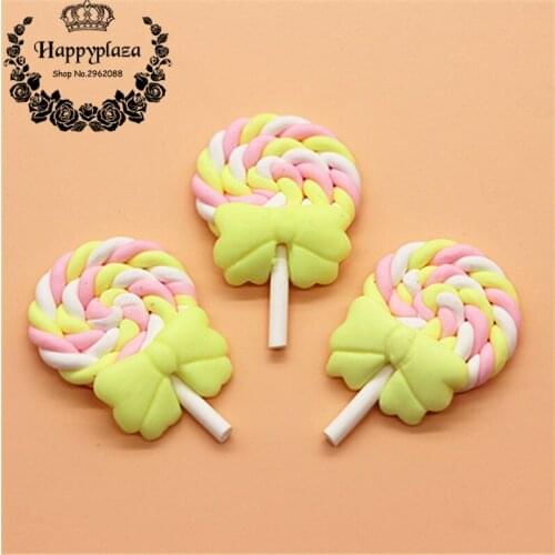 10pcs Kawaii CLay Pastel Pink+Yellow+White Swirl Handmade Lollipop Miniature Food Art Supply DIY Craft Decoration,27*40mm
