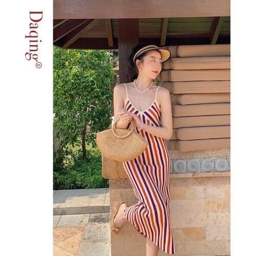 2021 Striped Knit Dress Women Fashion Print Y2k V-Neck Sexy Bodycon Sleeveless Spaghetti Strap Summer Beach Party Midi Dresses
