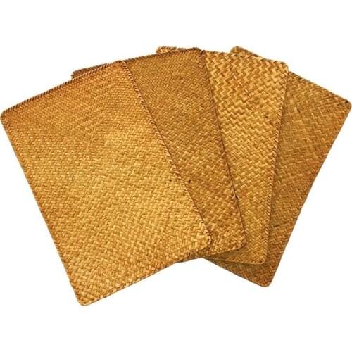 Pack of 4, Natural Seagrass Place MatHand-Woven Rectangular Rattan Placemats Straw Tea Cup Mat Potholder