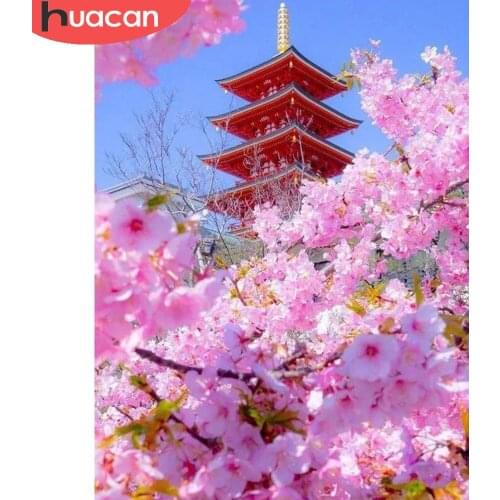 HUACAN 5D Diamond Painting Summer Landscape Embroidery Cherry Blossoms Cross Stitch Rhinestones Picture Home Art