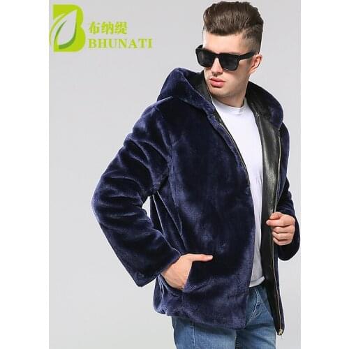 BHUNATI 2018 winter faux fur coat Men Blue color warm Elegant Soft comfortable mink fur hooded jacket male outwear coats