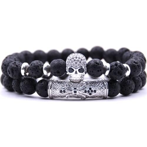 KANGKANG 2Pcs/Set 2019 5 color 8mm stone Bracelet Pave CZ Silver skull Bracelets for Men&Women Jewelry Creative gift