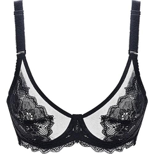 Ladies Lace Flower Transparent Bra Ultra-thin Sexy Lingerie Underwire Holding Up Oversized Top Bh Summer 34 36 38 40 ABCD Cup