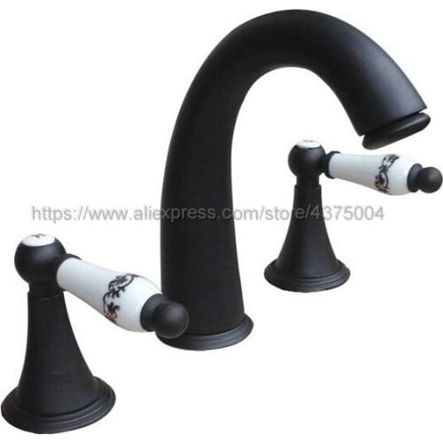 Black Oil Rubbed Brass Widespread Bathroom Basin Faucet Dual Handle 3 Holes Basin Mixer Sink Taps Deck Mounted Nnf080