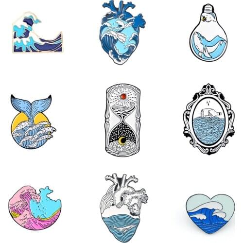 Cartoon waves Enamel pins Custom Organ Heart Brooches Drifting Bottle Mermaid tail Whale Bulb Backpack Badge Jewelry for Friends