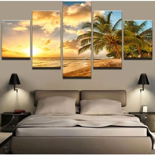 Seascape Canvas Painting Golden Daylight Wall Picture for Living Room Decoration Coconut Tree Still Life Home Decoration Posters