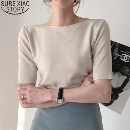 Casual T-shirts Women Knitted Tees Cotton Basic T Shirts Solid Half Sleeve O Neck TShirt Summer 2021 Slim Fit Ladies Tops 14078