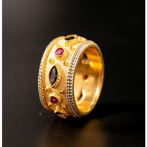 Italian retro palace style sterling silver hand-drawing two-tone gold-plated S925 silver zircon inlay ring