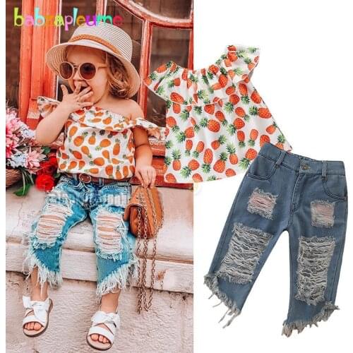 2PCS Kids Clothing Set Summer Todler Girl Boutique Clothes Fashion Cute Print Sleeveless Children T-shirt+Baby Hole Jeans BC1852