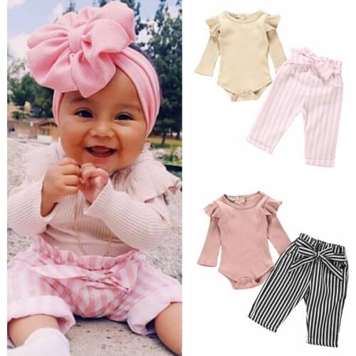 2Pcs Newborn Infant Baby Kid Boy Girl Set Long Sleeve Spring Warm Knitted Cotton Bodysuit+Striped Leggings Pants