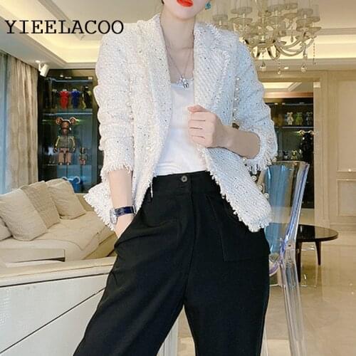 Creamy-white tweed coat one-piece Autumn/winter womens jacket New Small Fragrance Color sequins fabric ladies coat