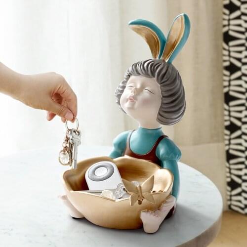 Rabbit Girls Picture With Flame, Sweet Girl With Store Box For Home Decor Bureau Decoration Ornament Statue Jewelry Dish