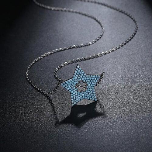 OL Style Fashion Blue Star Necklace Mosaic Paved AAA Premium Blue Zirconia Black Chain Clavicle Necklace for Women