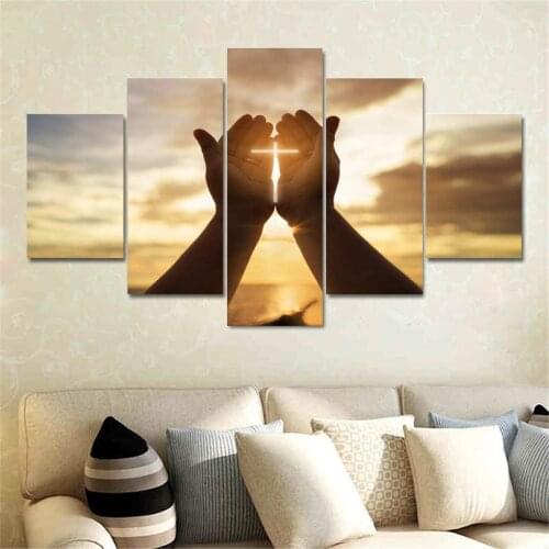 5 Pieces of Cross Jesus Hand Prayer Painting Wall Art for Living Room Christian Modern Living Room Home Decoration Without Frame