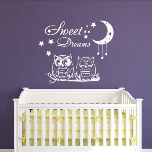 Sweet Dreams Wall Decal Owl Stars Vinyl Art Sticker Moon Home Decor Nursery Bedroom Kids Living Room Baby Girl Decoration WW-105