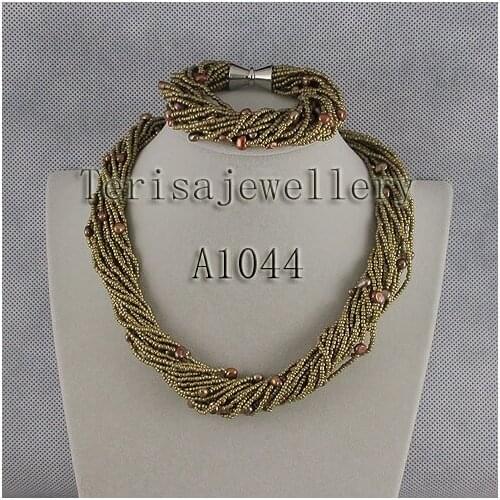 Baroque Pearl Jewelry Set 7-8mm Brown Color Genuine Freshwater Pearl Necklace Bracelet 24rows Magnet Clasp Charming Woman Gift