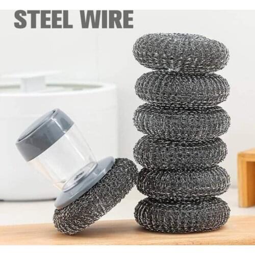 Household Kitchen Cleaning Brush Dish Scrubber Soap Dispensing Steel Brush Storage Set Scouring Pad Pot Scrubber Metal Sponge