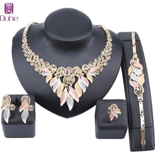 Women Party Bridal Crystal Leaves Jewelry Sets For Wedding Party Dinner Dress Necklace Bracelet Ring Earring Jewelry Sets