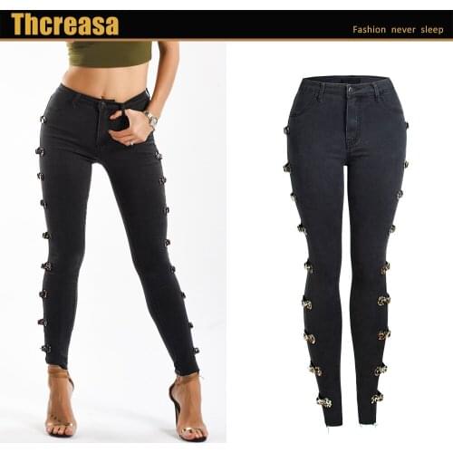 Europe and The United States Womens Washing Slim Fit Feet Denim Pants Large Size Side Buckle Pencil Pants Womens Jeans