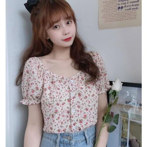 Womens Print Square Collar Blouses Summer Floral Sweet Short Sleeve Chiffon Shirt Tops