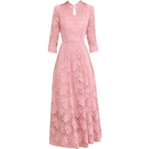 2019 New Spring Retro Lace Ladies Stand Collar Dress Slim Long Paragraph Large Size Over The Knee Womens Blue Summer Dress 622