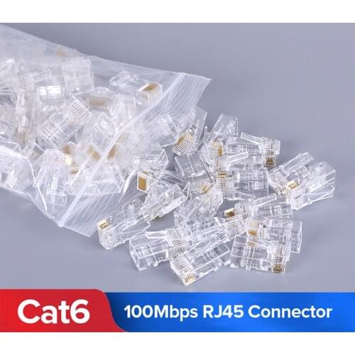 100pcs Gold Plated Cat6 Cat5 RJ45 Net Network Modular Plug Connector 8P8C Unshielded Modular Plug Ethernet Cable Crimper RJ 45