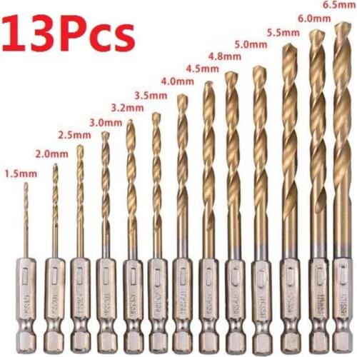 13pcs HSS High Speed Steel Twist Drill Bit Titanium Coated Drill Set For Woodworking Metal Plastic Impact Drill Tools 1.5-6.5mm