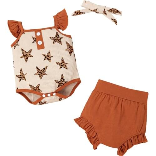 2021 0-24M Infant Baby Girl Clothes Sleeveless Romper+ Shorts + Headband Five-pointed Star Pattern Ruffle Decoration Summer 2pcs