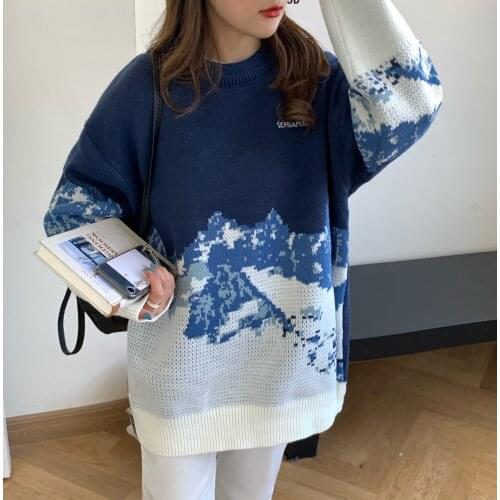 2021 Harajuku Japan Snow Mountain Printed Loose Womens Sweater Korean Fashion Ladies Oversized Sweater Knitted Retro Tops