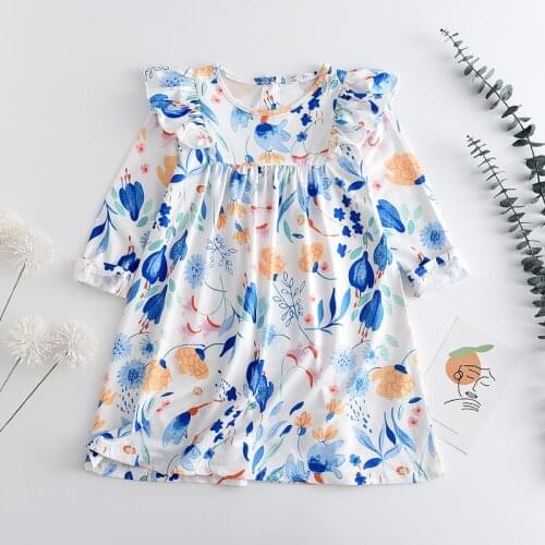 27kids Baby Girls Costumes New Fashion Cartoon Floral Round neck Dresses Long sleeve skirt Chidlren Casual Clothing Cute 3-7Y