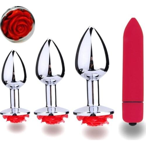 4pc/Set Rose Flower Penis Steel Butt Plug Dildo Clitoris Stimulation Vibrator Anal Plug Massager Backyard Beads Sex Anal Toys A3