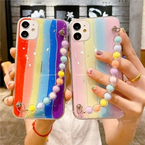 Rainbow Glitter Stars Phone Case For iphone 12 Pro Max 11 mini X XS Max XR 6 6S 8 7 Plus Soft Cover Bead Bracelet wristband