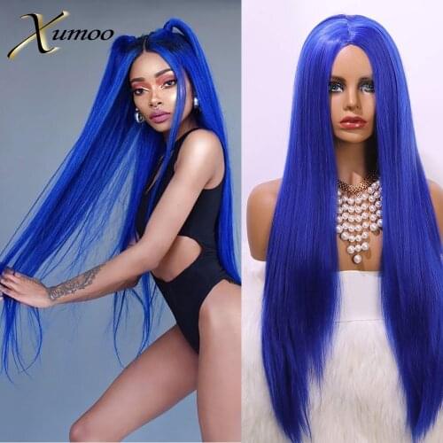 Xumoo Cheap High Density Royal Blue Cosplay Party Wig Heat Resistant Fiber Bone Straight Wig Synthetic None Lace Wigs For Women