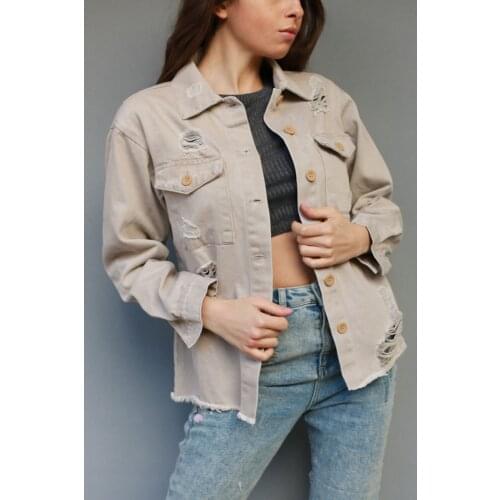 Jean Jacket Women Clothes Beige Denim Coat 2021 New Washed Blue Ripped Jeans Turn-down Collar Outwear Blue Bomber Casual