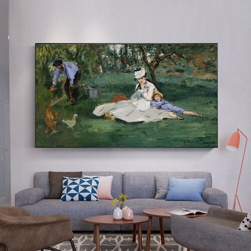 Edouard Manet The Monet Family in the Garden Canvas Painting Print Living Room Home Decor Modern Wall Art Oil Painting Posters