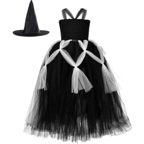 Kids Girls Spider Web Cobweb Halloween Costume Black White Witch Wizard Costume Tulle Tutu Dress Carnival Birthday Party Outfit