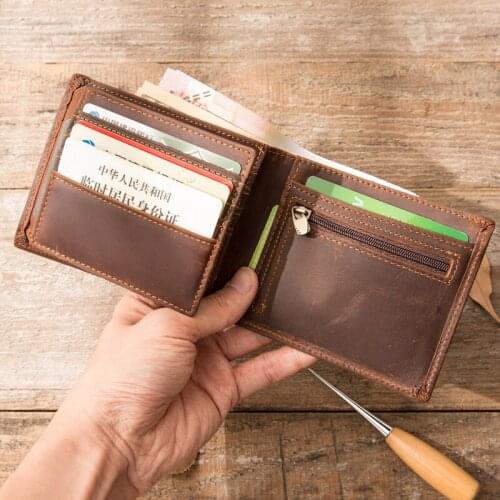 Leather Short Wallet Men Card Holder Zipper Horizontal Wallet Coin Purse Mini Retro Handmade Original Mens Crazy Horse Leather
