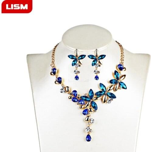 Hot Sale Vintage Trendy Colorful Crystal Flower Pendant Bib Statement Necklace Earrings Jewelry Set Gift for Women Girl
