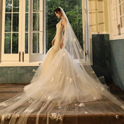 LZP539 Real Long Bridal Veil Glittering Tulle Pearls Cathedral Wedding Veil