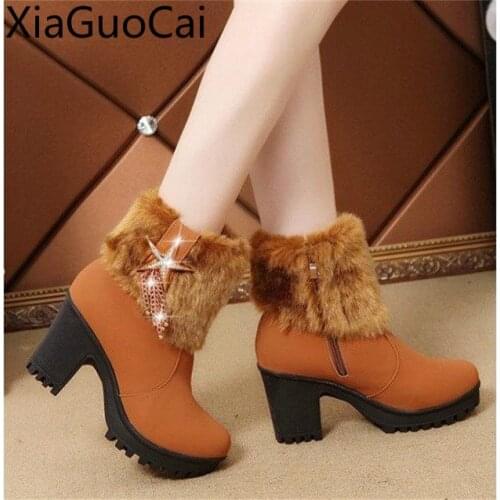 Fur High Heels Women Winter Snow Boots New Warm High-heeled Ladies Martin Boots Zipper Rubber Womens Winter Boots