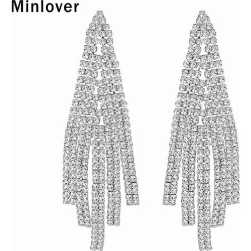 Minlover 2019 Fashion Silver Color Rhinestone Tassel Drop Earrings for Women Bride Dangle Earrings Party Wedding Jewelry MEH1019