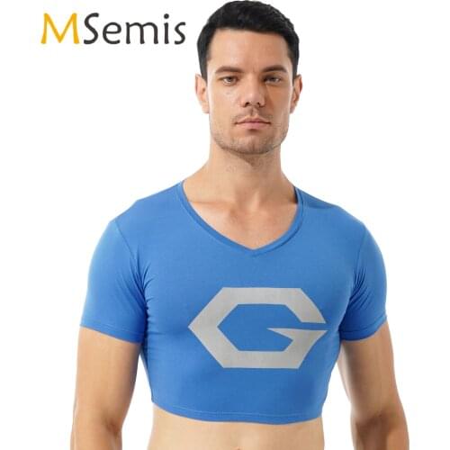 Mens Summer Top Tees Breathable Short Sleeve Vest Crop Top for Sport Fitness Yoga Dance Stylish Print V Neck Cropped T-shirt