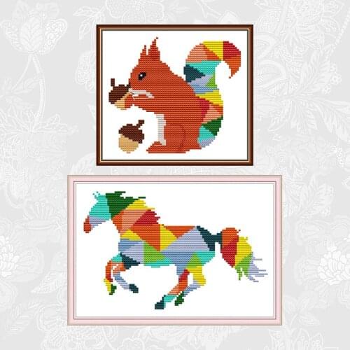 Rainbow Horse and Squirrel Handwork Beginner Embroidery Sets Aida Canvas Cross-stitch Kits 11CT 14CT Needlework Home Decoration