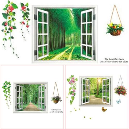 Tree-lined trail 3d fake window scenery mural vinyl wall stickers home decoration flower vine beautiful views wallpaper 90*60cm
