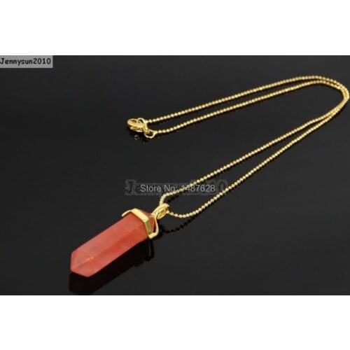 Natural Cherry Quartz Gems Stones Hexagonal Pointed Healing Reiki Chakra Pendant Bead 17'' Chain Necklace 5Sets/Pack