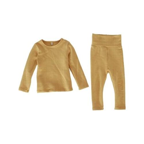 Boys and Girls Pure Color Protect Belly Home Wear Clothes Baby Fleece Cotton Pajamas Sets Childrens Long Johns Underwear Set